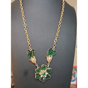 Coro Green Emerald Glass Stones Necklace Floral Vintage Goldtone Choker Gorgeous